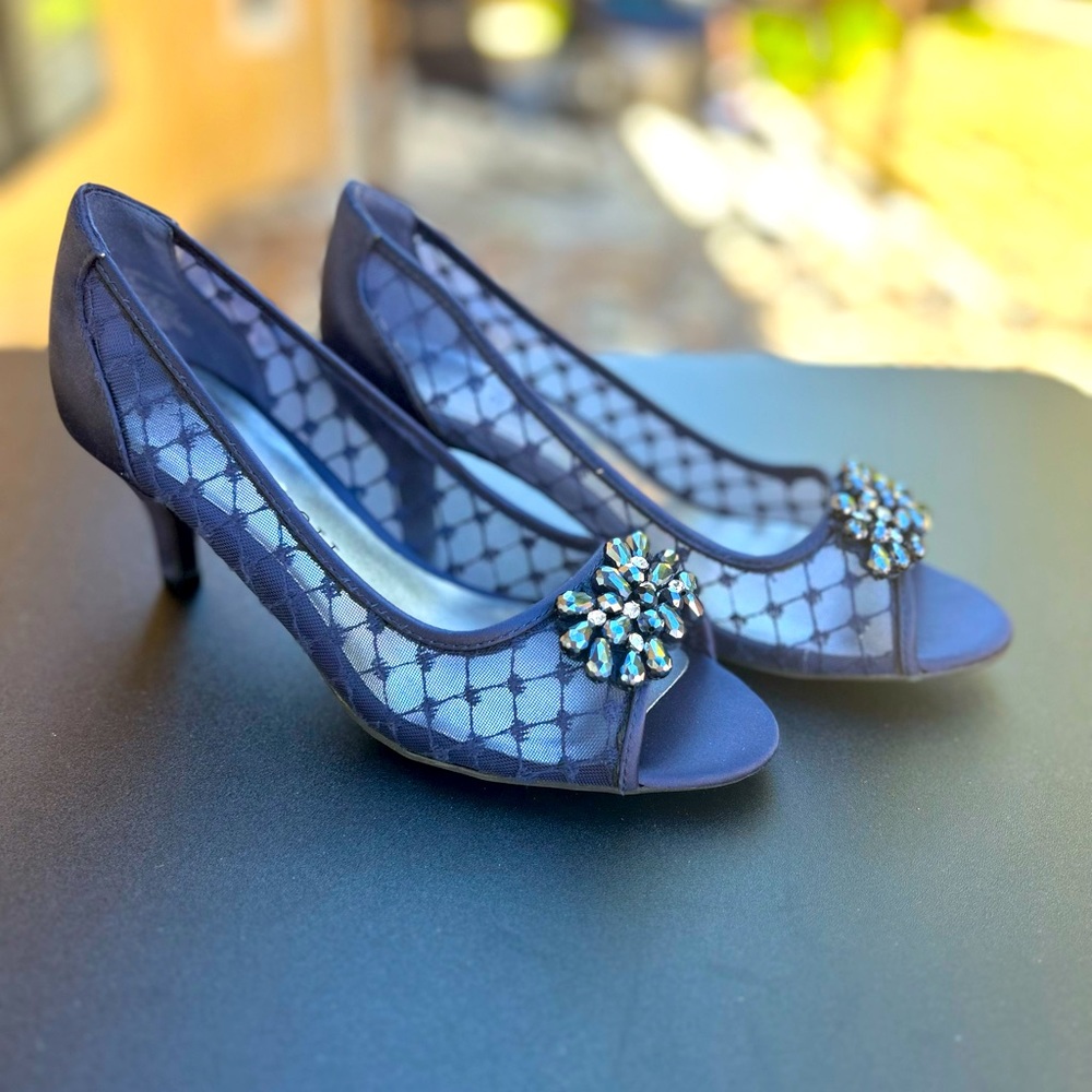 Karen Scott Womens Maralyn Open Toe Rhinestone Evening Heels Navy 6.5 Medium